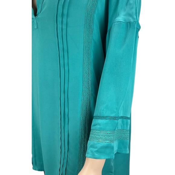 Soft Surroundings Capistrano Pintuck Teal Tunic Top Lace Inset Hi Lo Hem MEDIUM - Picture 7 of 12